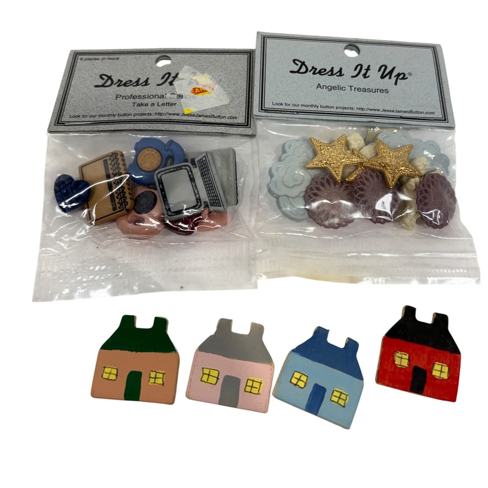 Vintage Dress It Up Novelty Buttons and Wooden House Button Cover Lot 16pc+